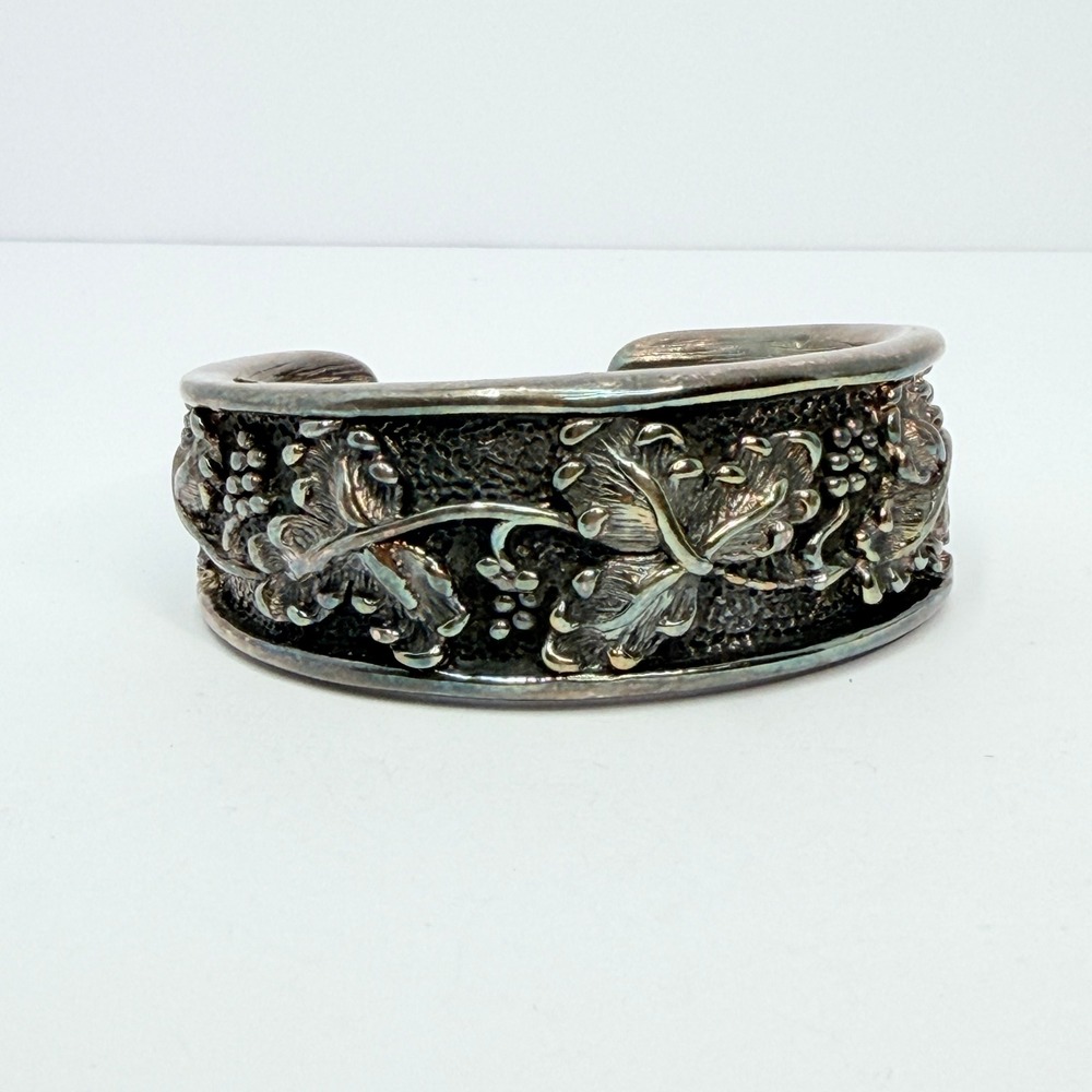 Vintage 1970s Ann Allen Silver Grape Vine Cuff Art Nouveau 925 Floral Bracelet